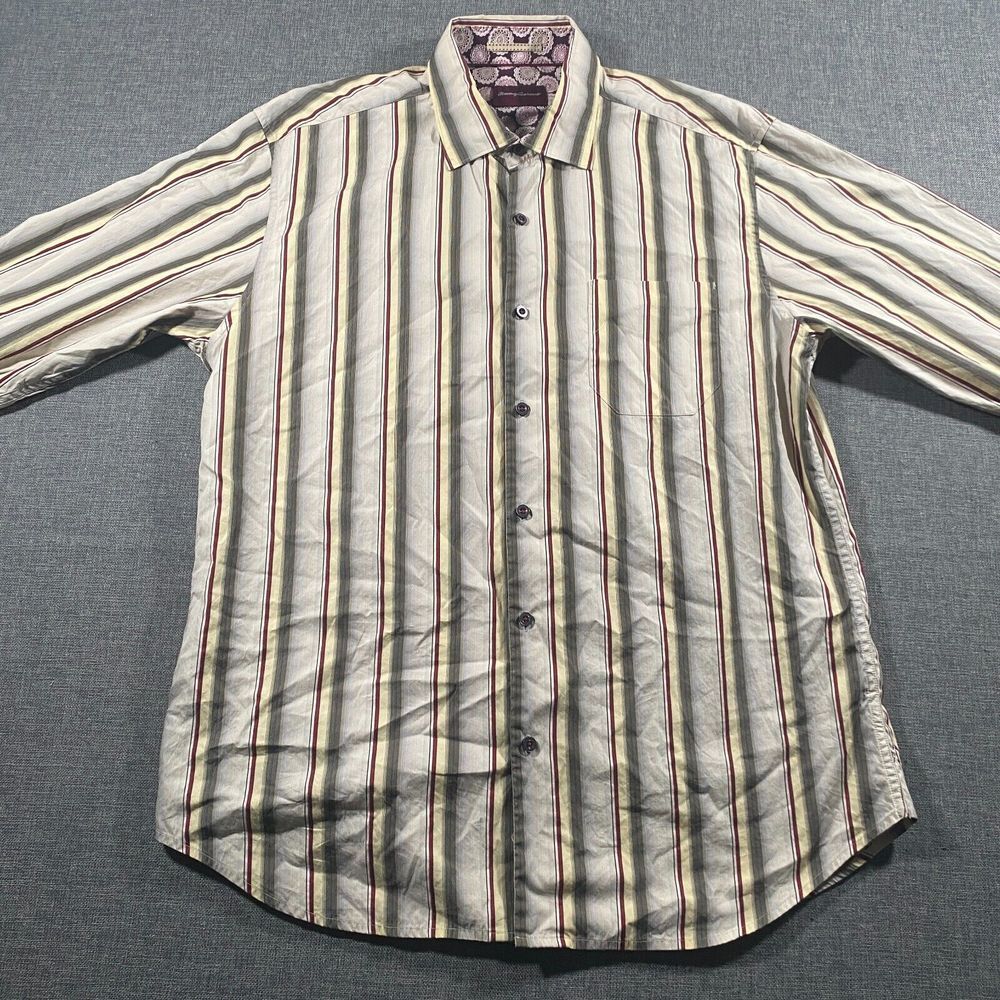 Tommy Bahama Silk Blend Long‎ Sleeve Button Shirt Mens Large Tan Striped